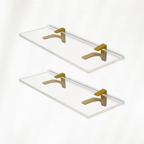 Clear Acrylic Shelves 115 Inches 34 Thick Floating Wall Mount Shelves with Brass Brackets - Pack of 2