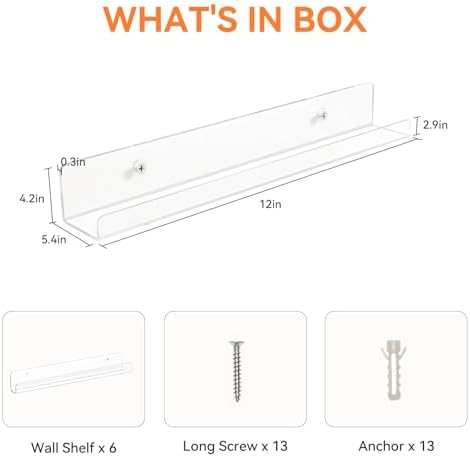 6 Pack Clear Acrylic Floating Shelves for Home Organization and Decor