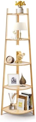 OUTREE Bamboo Corner Shelf 5 Tier Bookshelf Stand for Living Room Bedroom Office Bathroom