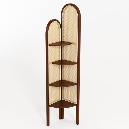 4 Tier Corner Shelf Stand Solid Wood Boho Rattan Shelves with Wicker Weave for Bedroom Living Room