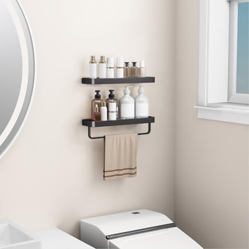 Danpoo 16 Inch Black Floating Bathroom Shelves with Towel Bar and Clear Tempered Glass 2 Pack