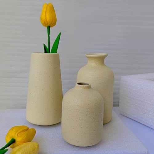 Set of 3 Beige Ceramic Vases for Pampas Grass and Dried Flowers