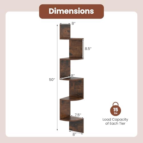 Giantex 5-Tier Floating Corner Bookshelf Wall Mounted Storage Organizer Rustic Brown