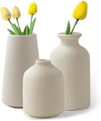 Set of 3 Beige Ceramic Vases for Pampas Grass and Dried Flowers