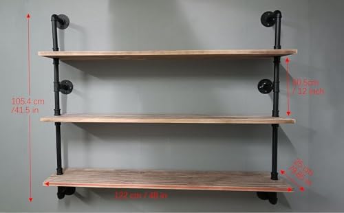 Industrial Pipe Floating Shelf with Solid Wood 48 Inch Wall Mount