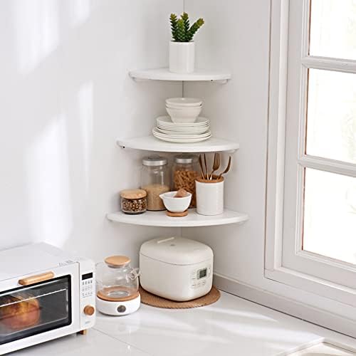 White Corner Shelf Wall Mount Set of 2 Natural Oak Wood Floating Nightstand Plant Shelf for Bedroom Kitchen Living Room