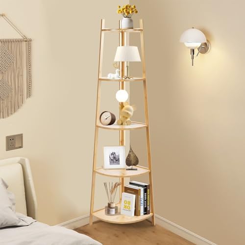 OUTREE Bamboo Corner Shelf 5 Tier Bookshelf Stand for Living Room Bedroom Office Bathroom