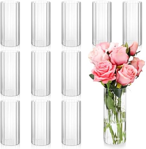 12 Pcs Clear Ribbed Glass Cylinder Vases for Centerpieces Wedding Home Decor