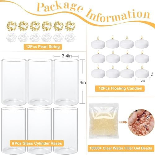 12 Pack White Floating Candles with Glass Cylinder Vases for Centerpieces