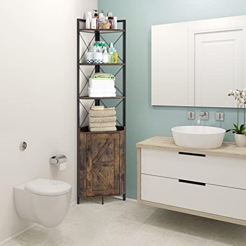 Finnhomy Corner Shelf with Cabinet 71 Inches Rustic Bookshelf
