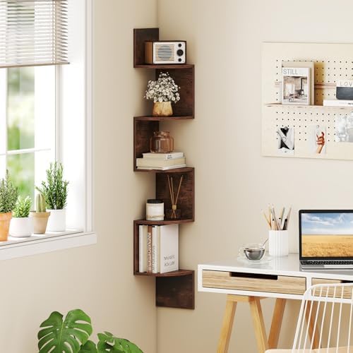 Giantex 5-Tier Floating Corner Bookshelf Wall Mounted Storage Organizer Rustic Brown