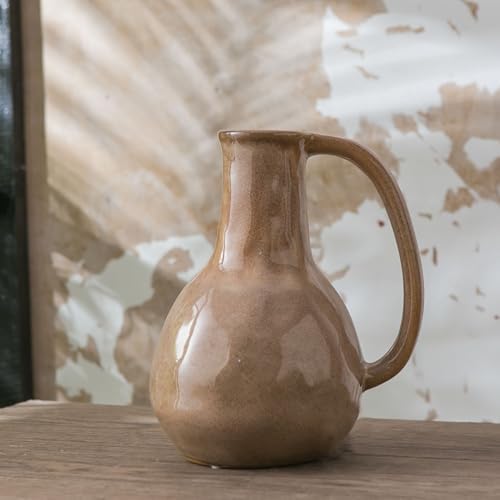 Brown Ceramic Vase with Big Handle Rustic Farmhouse Decor