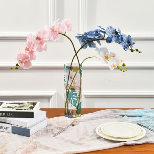 Tropical Leaves and Flowers Plastic Cylinder Vase 118 Inch Tall Clear Vase for Home Office Fireplace Decor