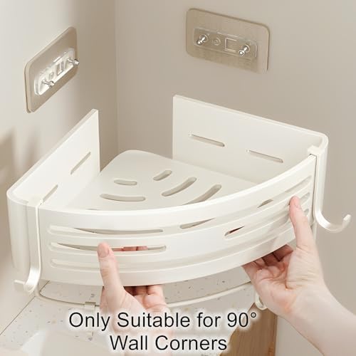 Corner Triangle Shower Shelves with Hooks Rust Resistant Storage Shelf for Bathroom and Kitchen Creamy White