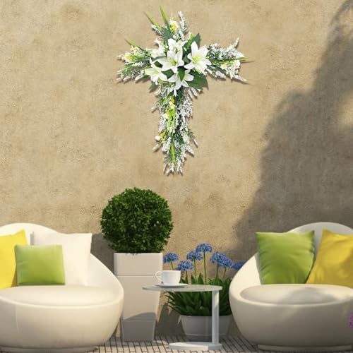 20 Inch Cross Wreath Artificial Lily Purple Easter Decor