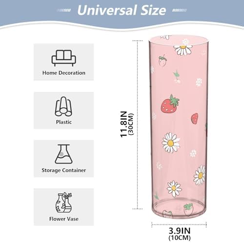 White Daisies and Strawberry Pattern Cylinder Vase 118 Inch Tall