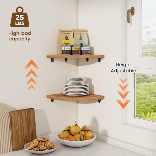 Fun Memories Corner Shelf Wall Mount Solid Oak Floating Shelves with Cable Hole 85in Rustic Design for Home Use