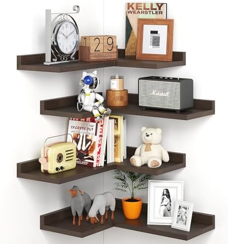 4 Tier Floating Corner Shelves Rustic Walnut