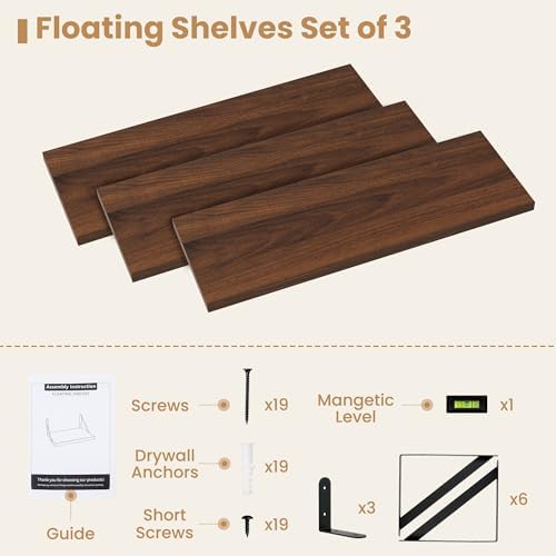 Heimlove Floating Shelves 24 Inch Set of 3 Walnut