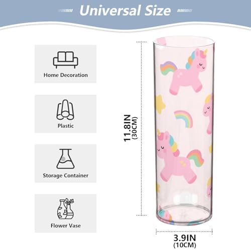 Cute Cartoon Pink Rainbow Unicorn Clear Plastic Cylinder Vase