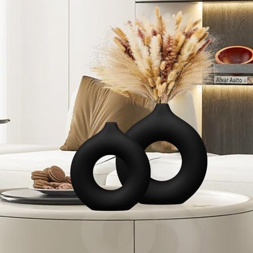 CozyKoala Matte Black Ceramic Donut Vase Set of 2