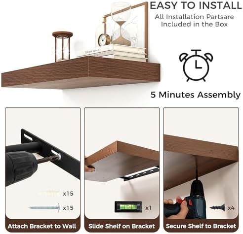 Venusmiles Floating Shelf 72x12 Inch Walnut Wall Mount