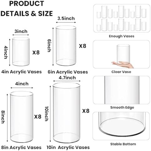 32 Pack Clear Plastic Cylinder Vases Set 4-10 Inches Tall