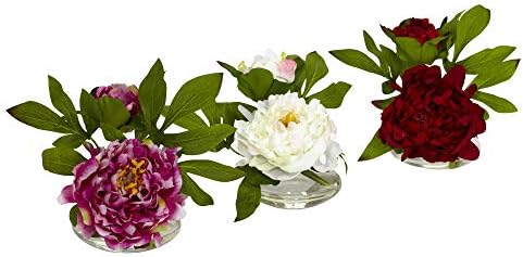 Nearly Natural Peony with Glass Vase Set of 3 1
