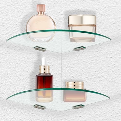 2-Pack Tempered Glass Corner Shower Shelves with Aluminum Brackets