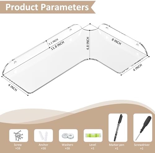 8x118 Inch Clear Corner Shelf Set of 4 Acrylic Floating Wall Mount