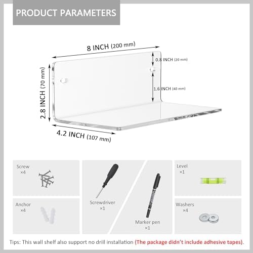 8 Inch Clear Floating Shelf for Wall 2 Pack 4 Depth Acrylic Space Saving Organizer