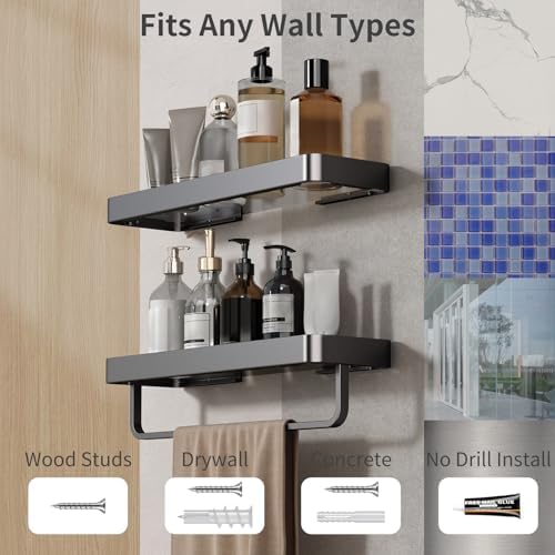 Danpoo 16 Inch Black Floating Bathroom Shelves with Towel Bar and Clear Tempered Glass 2 Pack