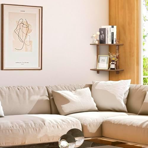 Floating Corner Shelf Wood Bookshelf for Living Room Bedroom Kitchen