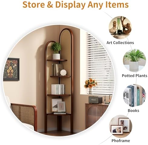 4 Tier Corner Shelf Stand Solid Wood Boho Rattan Shelves with Wicker Weave for Bedroom Living Room
