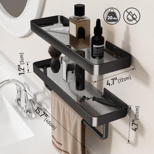 Danpoo 16 Inch Black Floating Bathroom Shelves with Towel Bar and Clear Tempered Glass 2 Pack