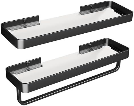 Danpoo 16 Inch Black Floating Bathroom Shelves with Towel Bar and Clear Tempered Glass 2 Pack
