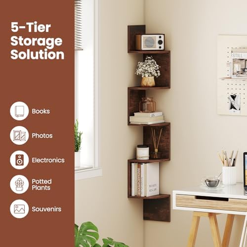 Giantex 5-Tier Floating Corner Bookshelf Wall Mounted Storage Organizer Rustic Brown