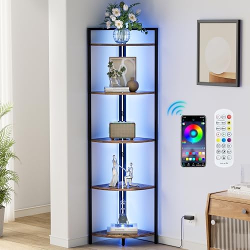 Rustic Brown Corner Shelf with LED Lighting