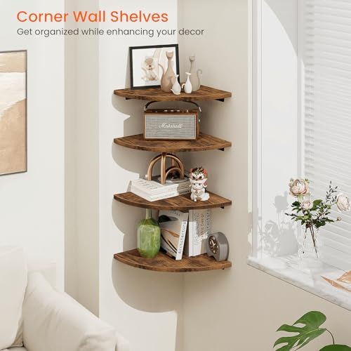 Homode Corner Wall Shelf 12 Inch Wide Rustic Brown Floating Shelves Set of 4