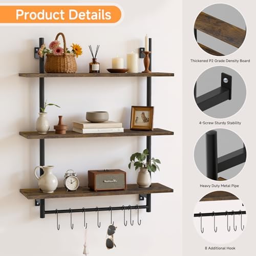 3 Tier Floating Wall Shelves with Towel Bar for Kitchen and Bathroom
