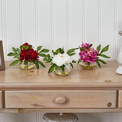 Nearly Natural Peony with Glass Vase Set of 3 1
