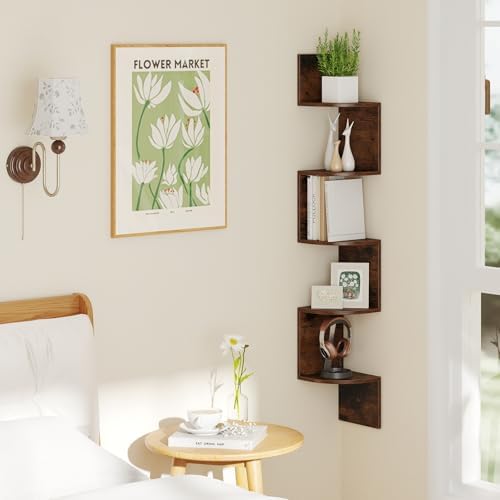 Giantex 5-Tier Floating Corner Bookshelf Wall Mounted Storage Organizer Rustic Brown