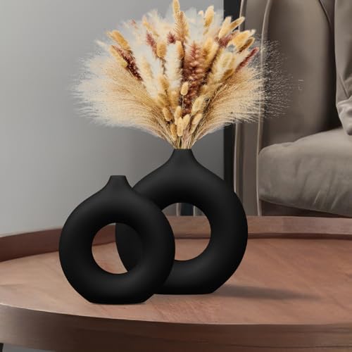 CozyKoala Matte Black Ceramic Donut Vase Set of 2