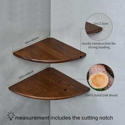 Conamily Corner Shelves Set of 2 16 Inch Solid Oak Wood Floating Wall Shelves with Wire Hole for Plants and Decor
