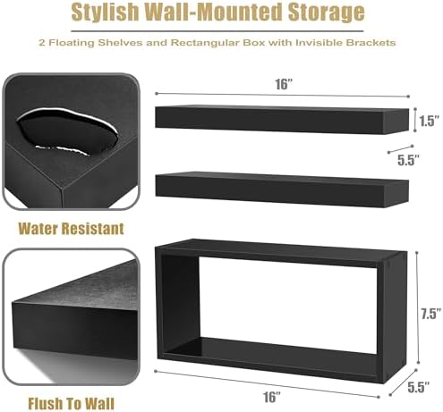 Sorbus Floating Wall Shelf Set - 2 Shelves with Invisible Brackets and 1 Rectangular Box Black