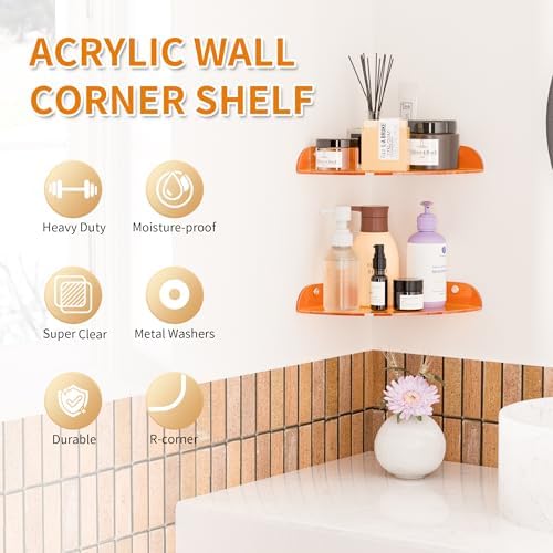 7x7 Inch Floating Corner Shelf Set of 2 Orange Acrylic Wall Mount Organizer