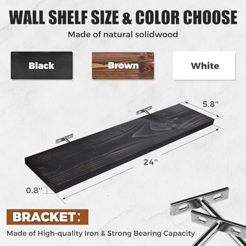 Floating Wall Shelves 3-Pack - 24 Inch Rustic Black Wooden Shelves for Space Saving Storage and Dcor