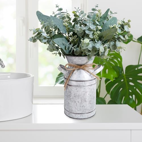 Winlyn Rustic Metal Milk Can Vase with Artificial Eucalyptus Stems