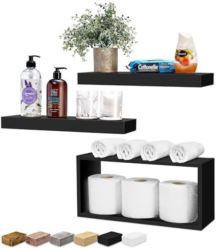 Sorbus Floating Wall Shelf Set - 2 Shelves with Invisible Brackets and 1 Rectangular Box Black