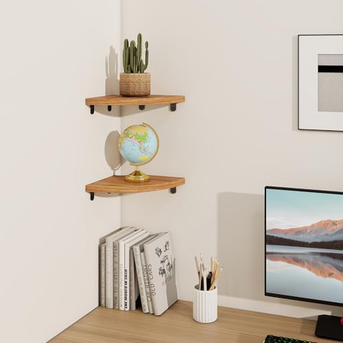 Fun Memories Corner Shelf Wall Mount Solid Oak Wood Floating Shelves with Cable Hole 7in Rustic Design for Home